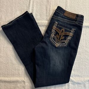 Elegant Dark Blue Boot Cut Jeans with Embroidered Pocket Cowgirl Up